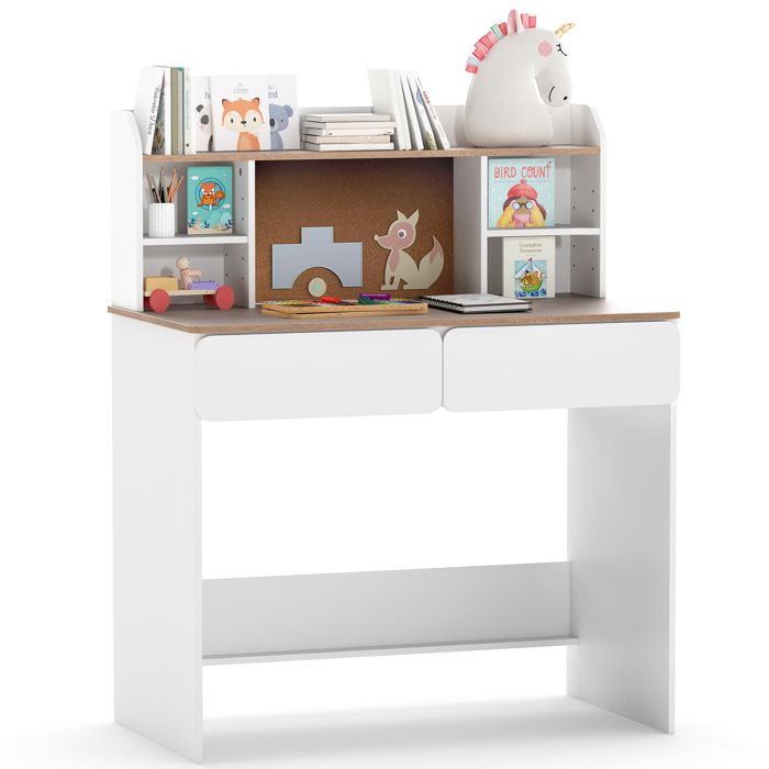 COSTWAY Bureau dÉtude pour Enfants 8-12 ans - Tableau dAffichage en Liège - Station de Charge - 2 Tiroirs -Étagères Réglables
