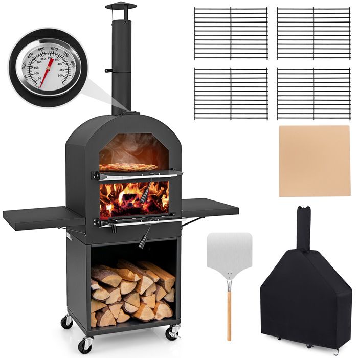 Four à Pizza Extérieur COSTWAY-2 Grilles-Thermomètre-Multi Combustible 4 Roulettes Portable-Pierre 30 5cm-Housse de Protection