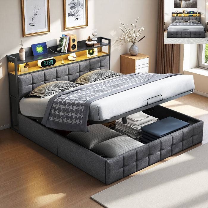 Lit Coffre 140x190cm avec LED et USB Lit Double Rembourré avec Rangement et Tete de lit lit 2 Personnes avec Sommier à