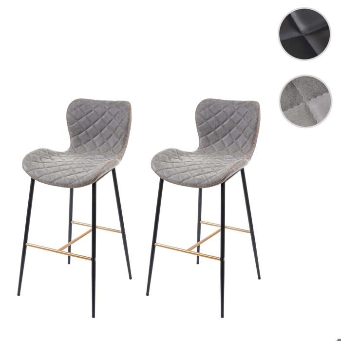 2x tabouret de bar MCW-E55 vintage haubans dorés similicuir aspect daim gris