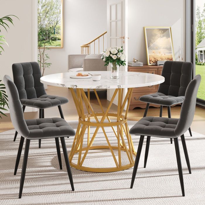 Ensemble de salle moderne - table de cuisine ronde de 100 cm de diamètre - avec 4 chaises de salle à manger en velours gris