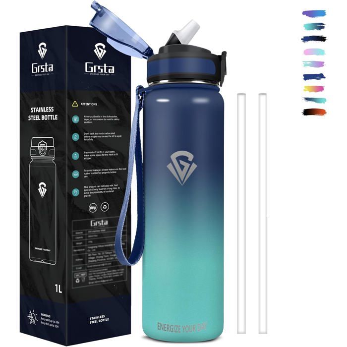 Gourde Isotherme 1l Sans BPA - Paille Anti Fuite Double Paroi Isolante Facile à Nettoyer - Bouteille dEau pour Camping