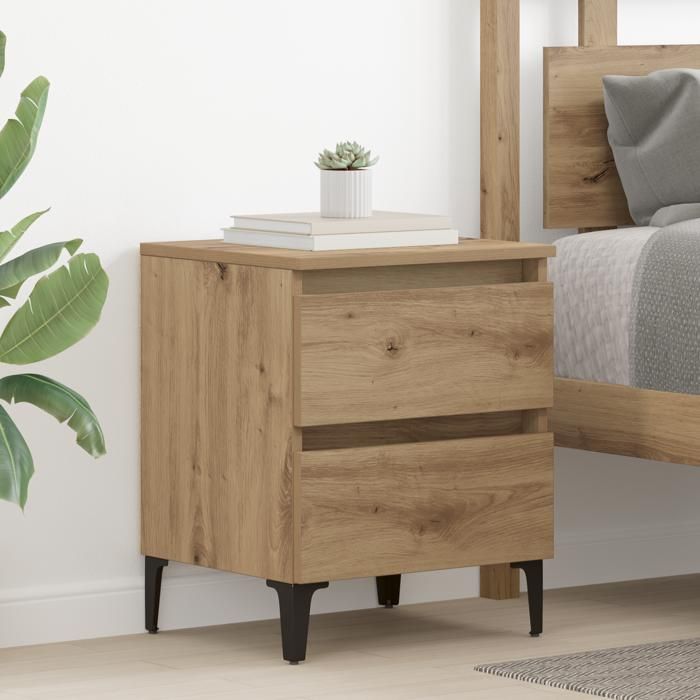 Table de chevet en chêne artisanal - VIDAXL - 40x35x50 cm - Marron - Bois dingénierie - Texturé - 2 tiroirs