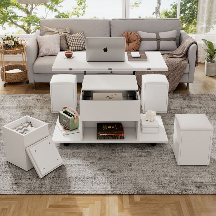 Table basse multifonctionnelle attrayante – le bureau peut ouvrir 2 tables blanche + blanche grande capacité meubles modernes de