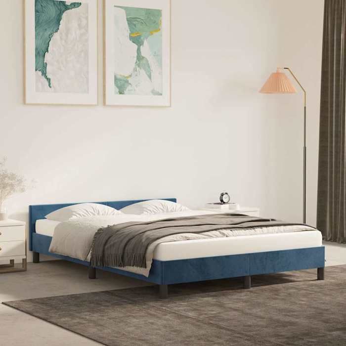 Structure de lit velours - UU - 140x190 cm - Bleu foncé - Velours doux - Pieds robustes - Lattes de contreplaqué