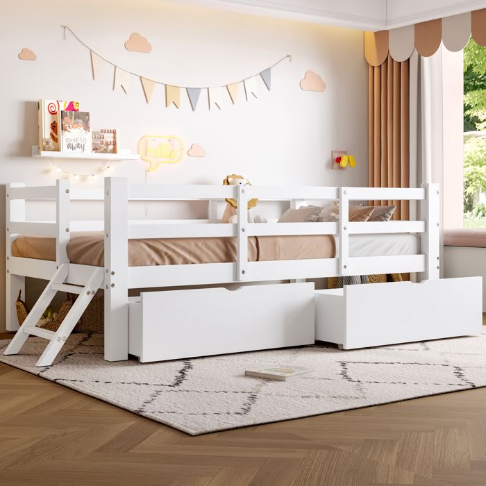 Lit enfant 90x200cm avec sommier à lattes et 2 tiroirs barrière de sécurité cadre en bois pour garçons et filles (sans matelas) Lit enfant 90x200cm avec sommier à lattes et 2 tiroirs barrière de sécurité cadre en bois pour garçons et filles (sans matelas)