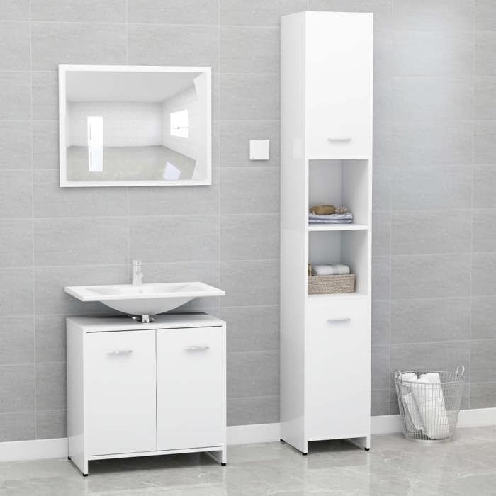 Ensemble de meubles de salle de bain - Happiness - 3 pièces - Blanc - Bois dingénierie - Miroir 60x45 cm Ensemble de meubles de salle de bain - Happiness - 3 pièces - Blanc - Bois dingénierie - Miroir 60x45 cm