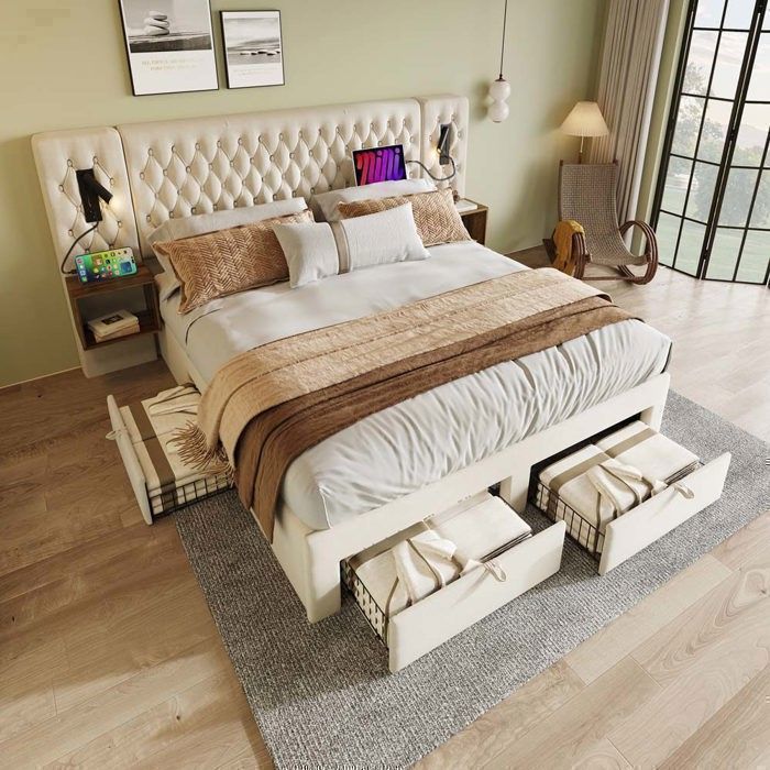 Lit coffre - 160 x 200 cm - velours beige - 4 tiroirs + 2 tables de chevet - ports USB & Type‑C