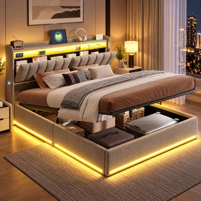 Lit Coffre 160x200 avec Led Lit Rembourré avec Coffre Lit Rembourré Led Hydraulique Lit Double avec Rangement Lit Capitonné