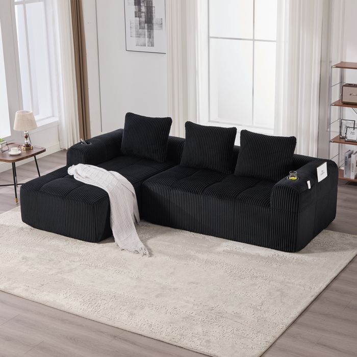 Canapé dangle 4 places en velours côtelé Canapé convertible avec 3 coussins moelleux porte-gobelet poches latérales Noir
