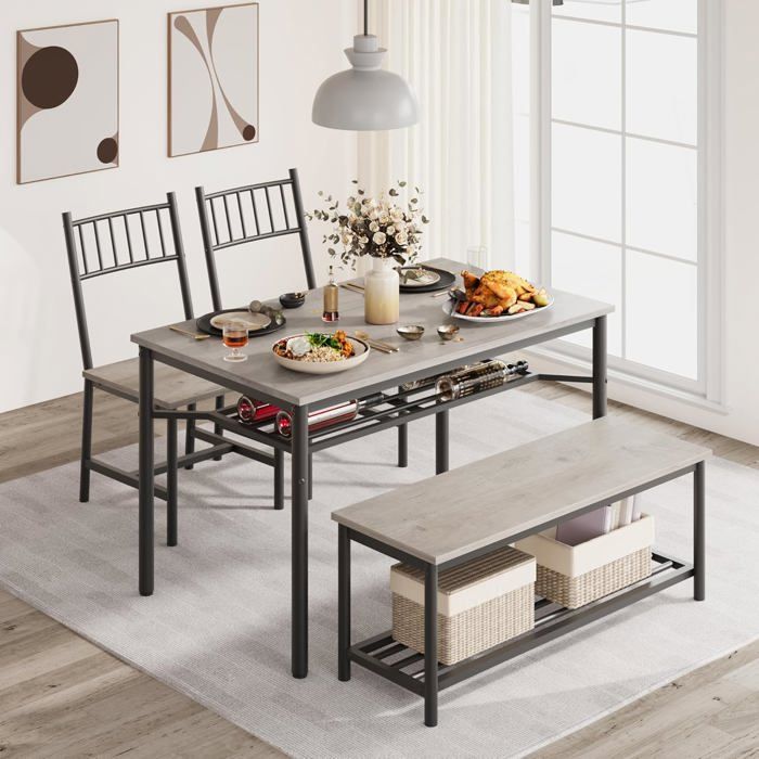 Ensemble table et chaises de salle à manger - LUNSY - table de cuisine avec 2 chaises rembourrées et bancs de rangement - Gris