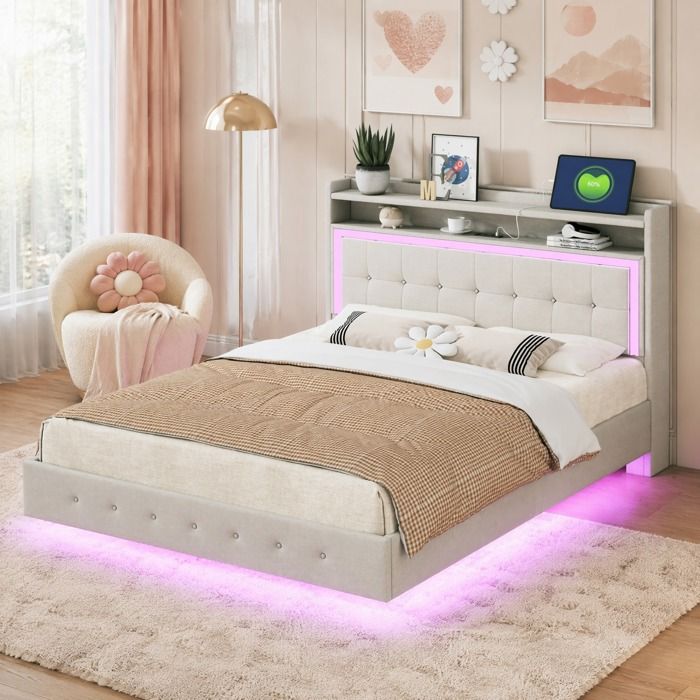 Maisentiel Lit double rembourré 140 x 200 cm beige sommier 12 lattes USB LED et rangement