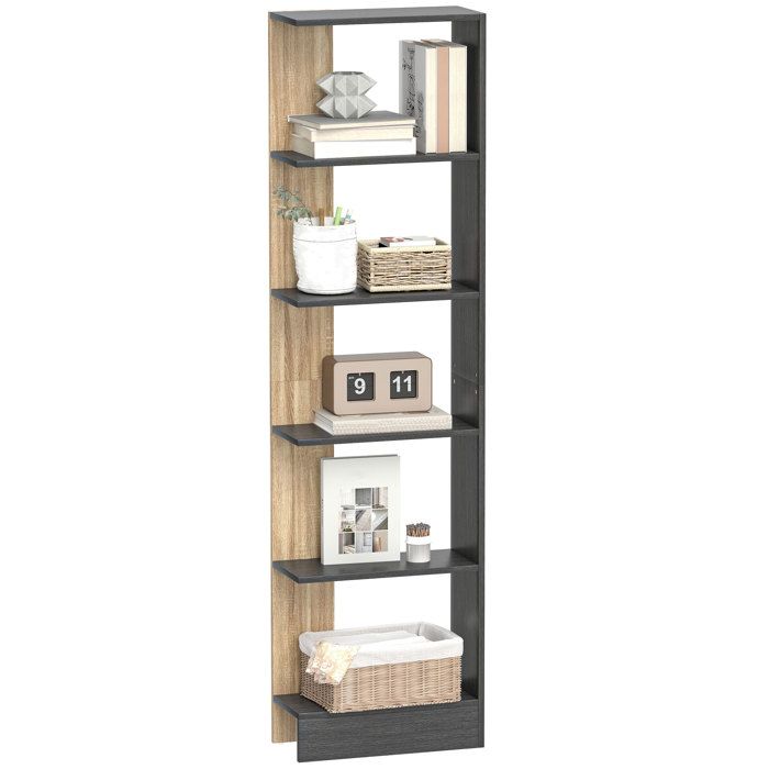 Bibliothèque - HOMCOM - tagère de Rangement avec 5 Compartiments Ouverts - Panneau de Particules - 45 x 21 x 170 cm - Noir et Chêne