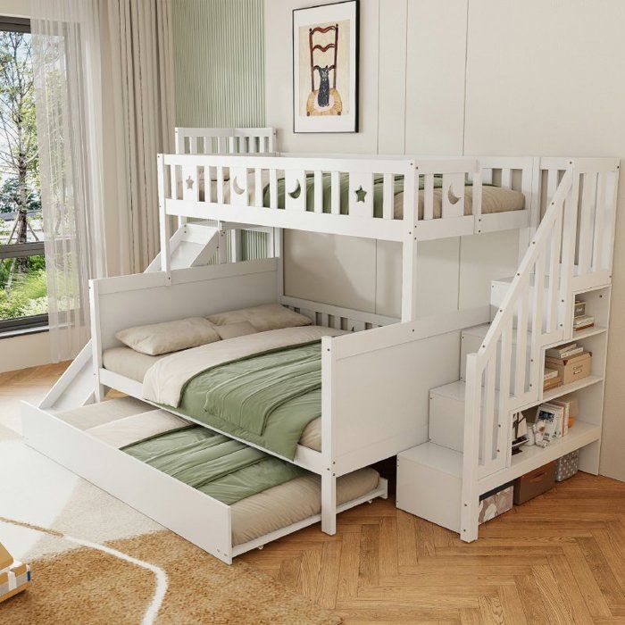 Lit superposé enfant - VVBV - 90x200/140x200 - Toboggan - Lit gigogne - Bois massif blanc