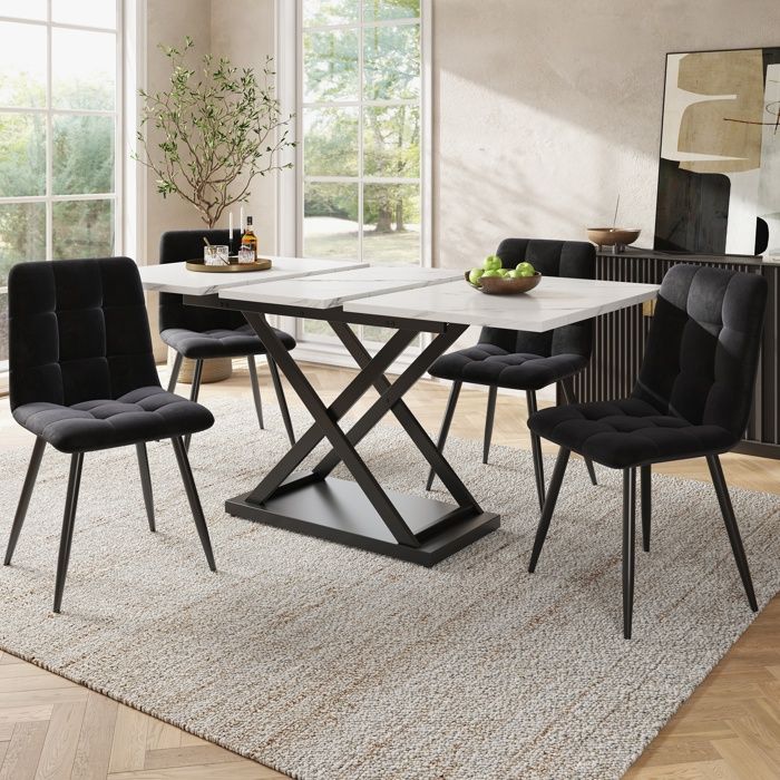 Ensemble Table à Manger Extensible 120-160cm Effet Marbre Blanc + 4 Chaises Velours Noir - Set Salle à Manger 5 Pcs pour 4 Personnes