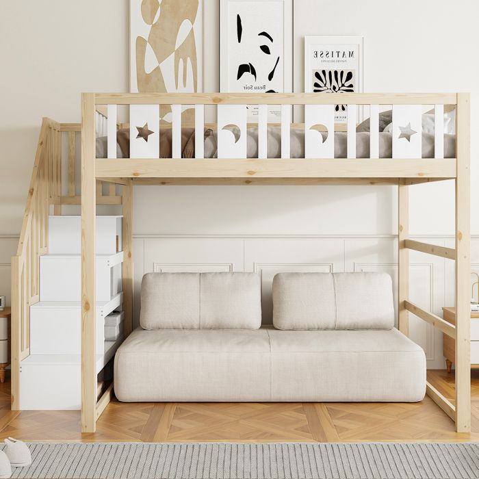 Lit mezzanine enfant 140 x 200 en bois massif avec escalier et étagères Maisentiel