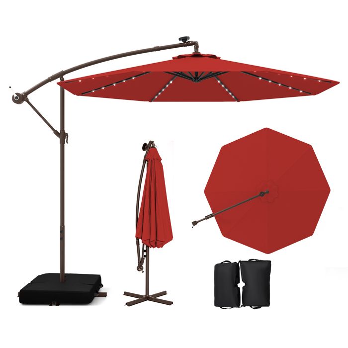 COSTWAY Parasol Déporté 3M avec 40 Lumières LED Panneau Solaire 6 HeuresBase Croisée Sac de Sable Tissu en Polyester UV 20+ Rouge