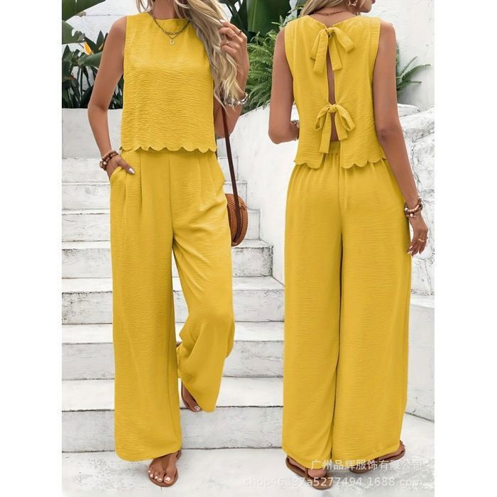 Ensemble femme 2 pièces : débardeur de sport sans manches et pantalon long décontracté pour l’extérieur-jaune