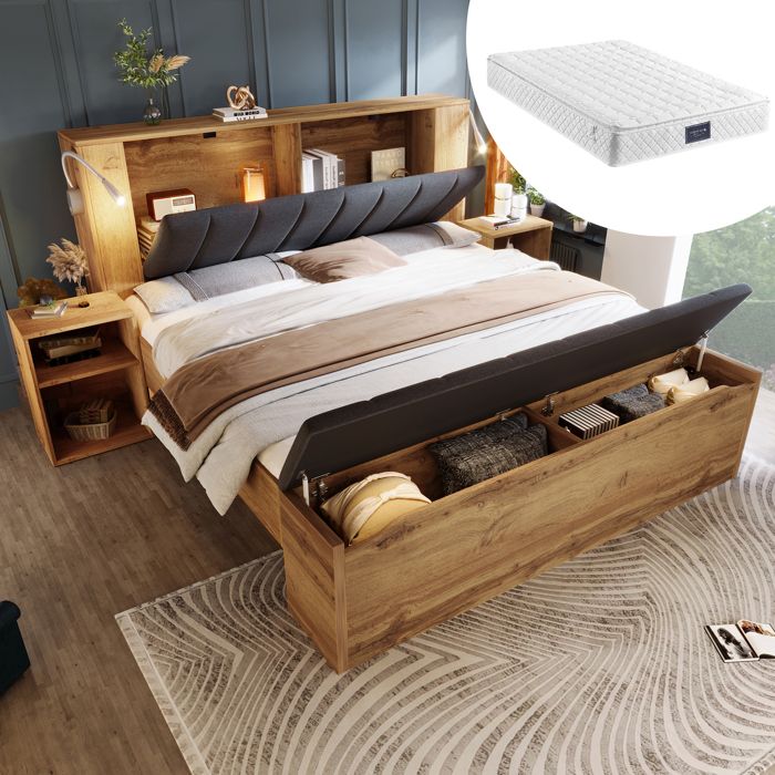 Lit double en bois avec rangement - 160x200 cm - Tête de lit rabattable en lin - Espace de rangement sous le lit