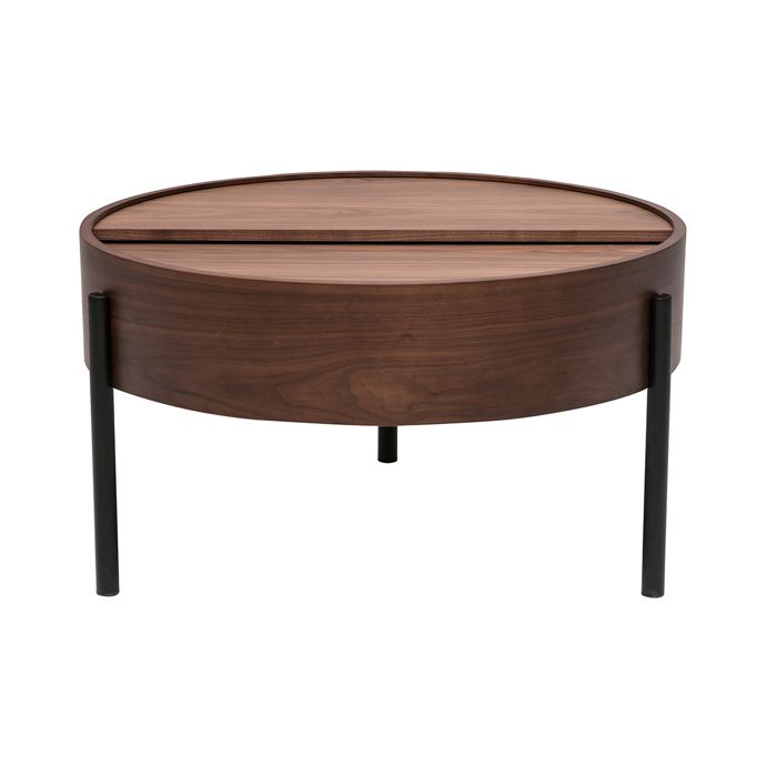 Miliboo - Table basse ronde bois foncé noyer et métal noir avec plateau pivotant et rangement D80 cm YOLINE