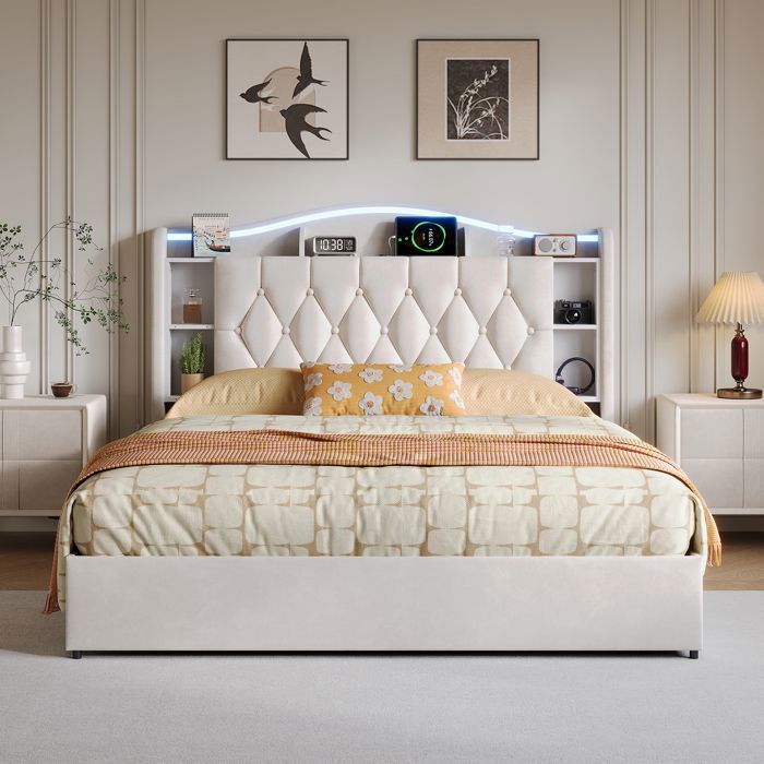 Lit double coffre 160x200cm avec rangement hydraulique LED USB et recharge sans fil velours beige sommier à lattes sans matelas