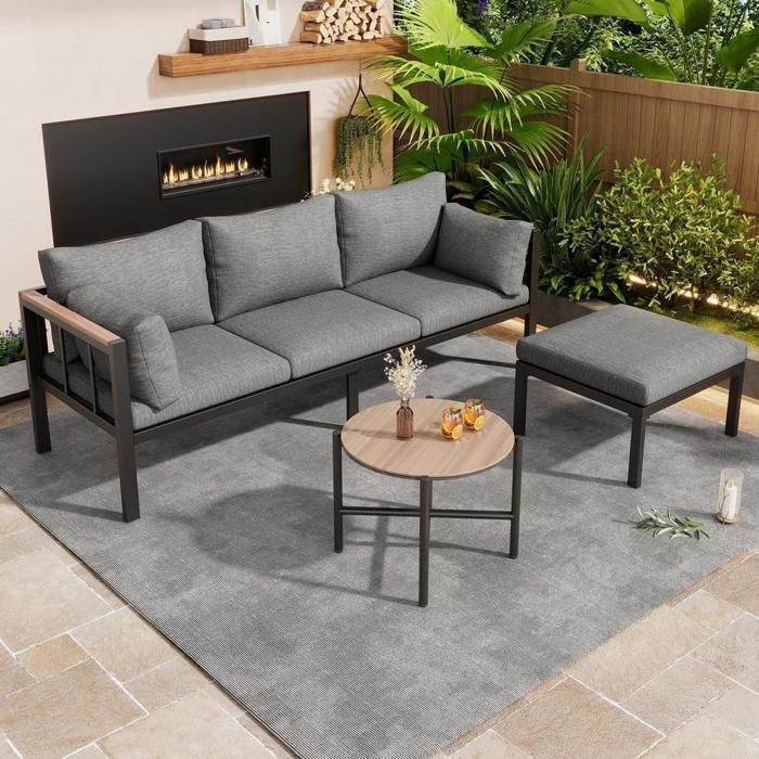 Salon de jardin dangle - KOMHTOM - Ensemble angle - Acier galvanisé - Plateau verre effet bois - 6 personnes