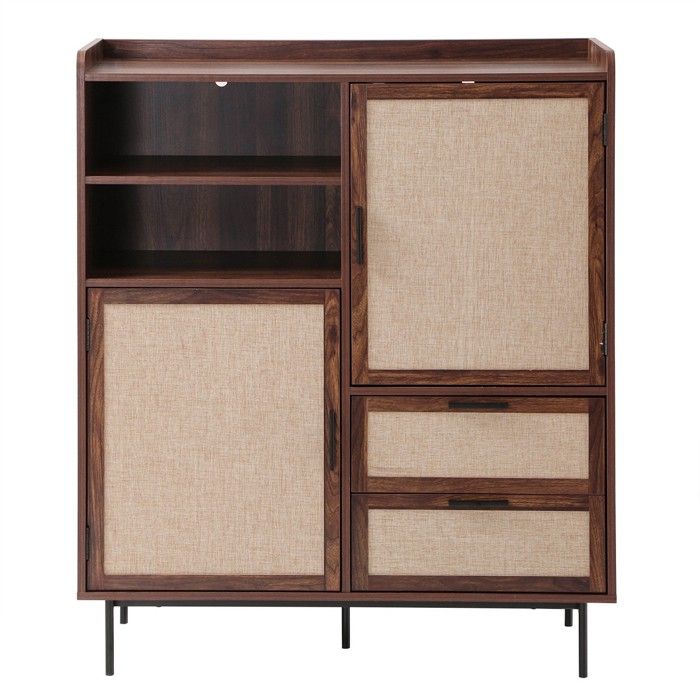 CALICOSY - Buffet haut 2 portes 2 tiroirs avec façades en tissu H120 cm - JETSON - Bois foncé