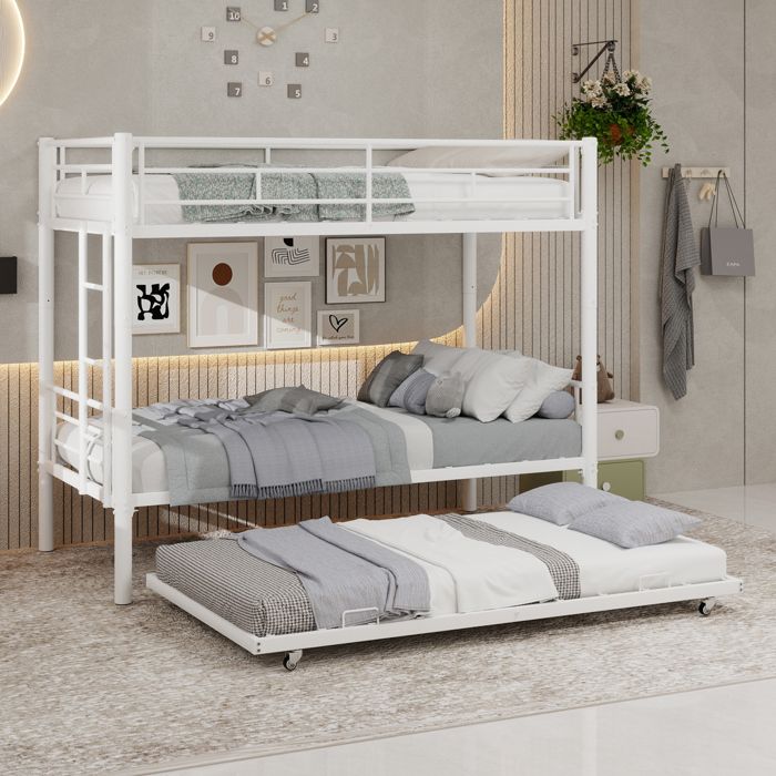 Lit Superposé enfant avec échelles et barrières Lit Mezzanine 3 places convertible en 3 lits Métal Blanc(Sans Matelas)