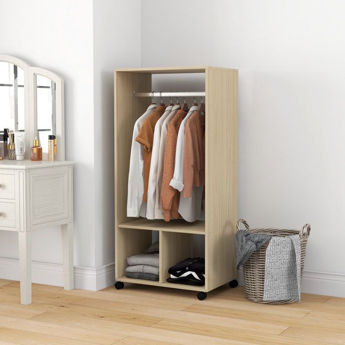 MOTHINESSTO2258-Armoire penderie étagère 2 niches penderie 4 roulettes pivotantes dim. 60L x 40l x 128H cm bois naturel