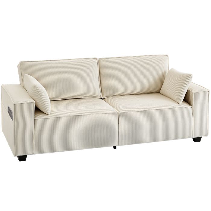 Canapé 3 places - HOMCOM - coussins à ressorts larges accoudoirs 2 coussins - velours côtelé - 218 x 79 x 91 cm - beige
