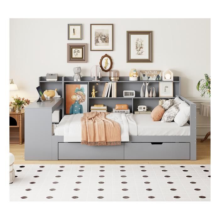 VLIVRA Lit Banquette Lit Simple avec Bureau Bibliothèque Étagères 2 Tiroirs et Prise USB 90×200 cm sans Matelas Gris