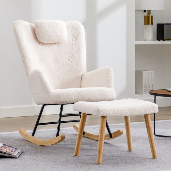 Fauteuil à bascule avec appuie-tête et repose-pieds - YEAVIO - accoudoirs structure 100 kg tissu peluche teddy blanc
