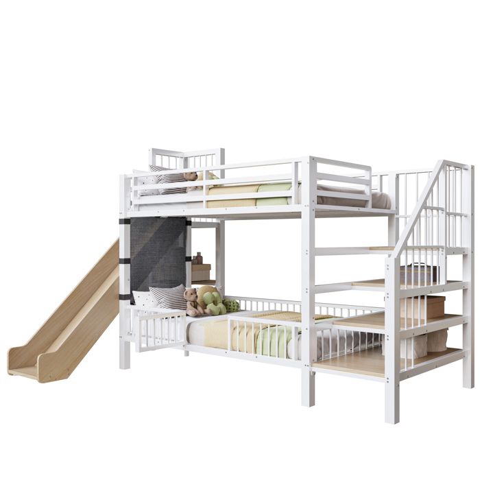Lit enfant métal 90x200CM avec toboggan escalier de rangement et étagères intégrées lit superposé compact blanc