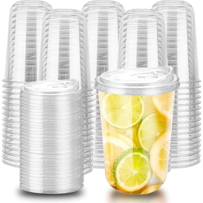 50 Gobelets plastique avec couvercles - 480ml réutilisable pour café glacé smoothie boissons froides