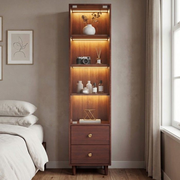 Vitrine bibliothèque bois style rétro éclairage LED porte vitrée 2 tiroirs poignées dorées 40x35x165cm Vitrine bibliothèque bois style rétro éclairage LED porte vitrée 2 tiroirs poignées dorées 40x35x165cm