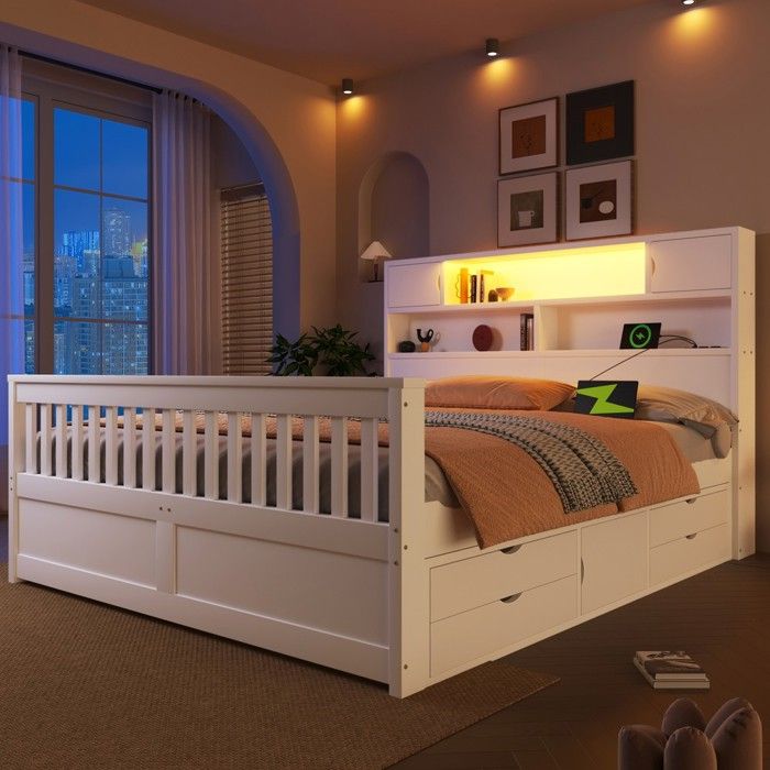 Lit plateforme 160x200cm étagères rangements LED USB 4 tiroirs blanc