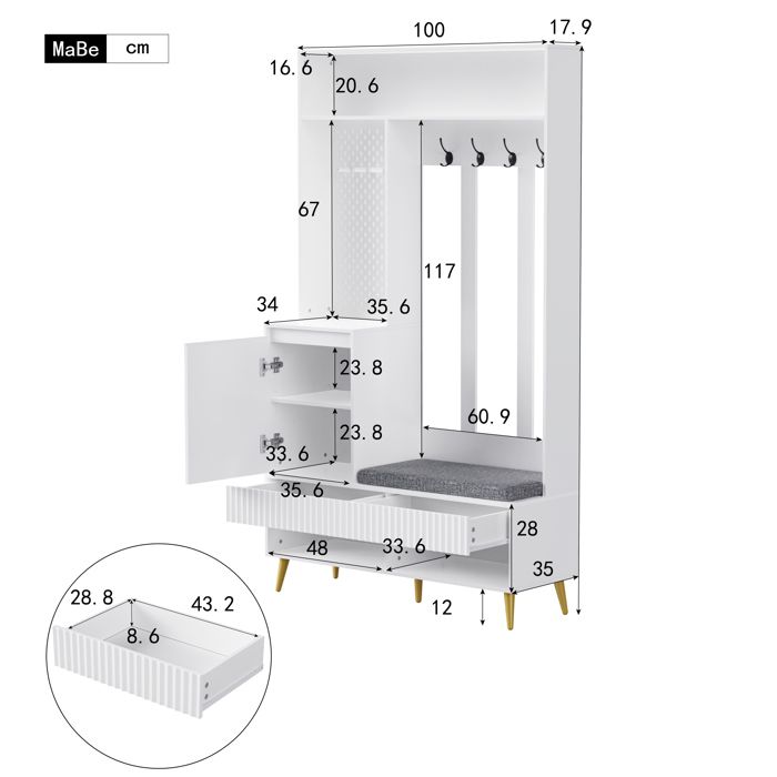 Meuble d’entrée rangement avec banc à chaussures crochets muraux 2 tiroirs 1 porte MDF blanc ORVRYN