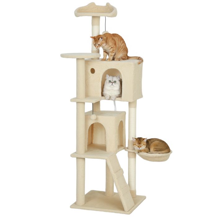 Tour à Chat 160 cm avec Hamac Échelle Nichoir et 2 Peluches Griffoirs Sisal 48 x 48 x 160 cm Beige