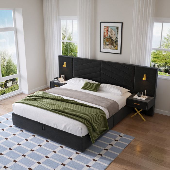 Lit 160x200 avec sommier lit capitonné ave 2 banquettes de lit lit double avec 2 lampes LED lit coffre velours Noire(Sans Matelas)