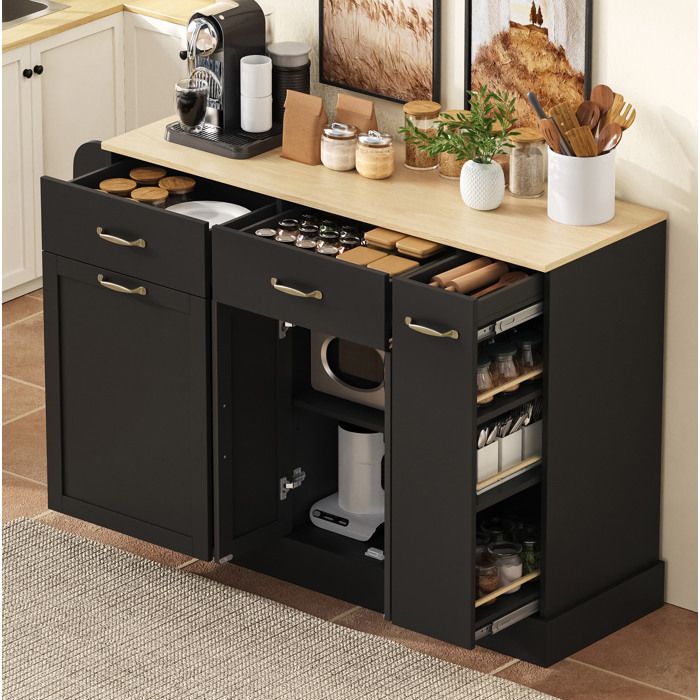 WUVRIE Buffet bas moderne en MDF noir plateau aspect bois rangements compartimentés tiroirs et portes