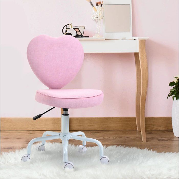 Chaise de bureau dossier coeur rose en tissu réglable en hauteur à roulettes assise moelleuse adulte ORVRYN