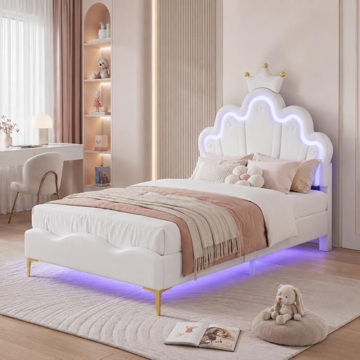 Lit Enfant 90x200 cm avec LED Lit Princesse Moulures de Couronne Tête de lit Réglable Lit Fille Simple avec Sommier PU Blanc