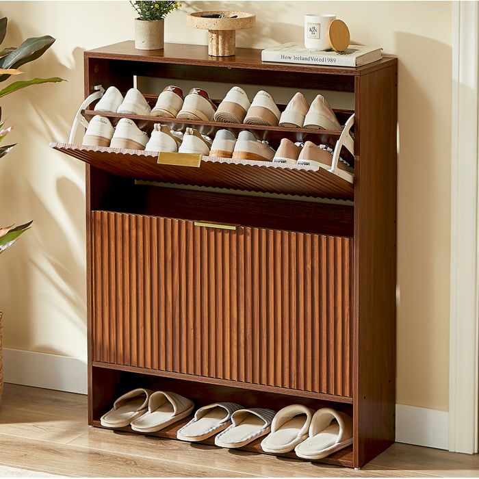 Meuble à chaussures basculant 80 x 24 x 102 cm 2 abattants niche ouverte aspect noyer pour entrée