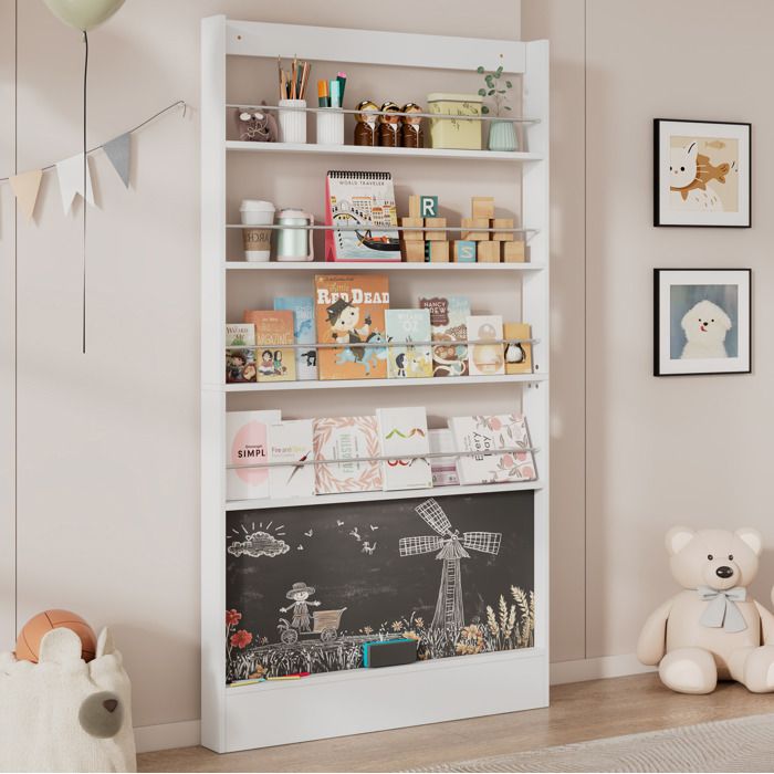 MEULVA Bibliothèque enfant 100 x 10 x 180 cm 4 étagères ouvertes avec tableau noir blanc anti-basculement