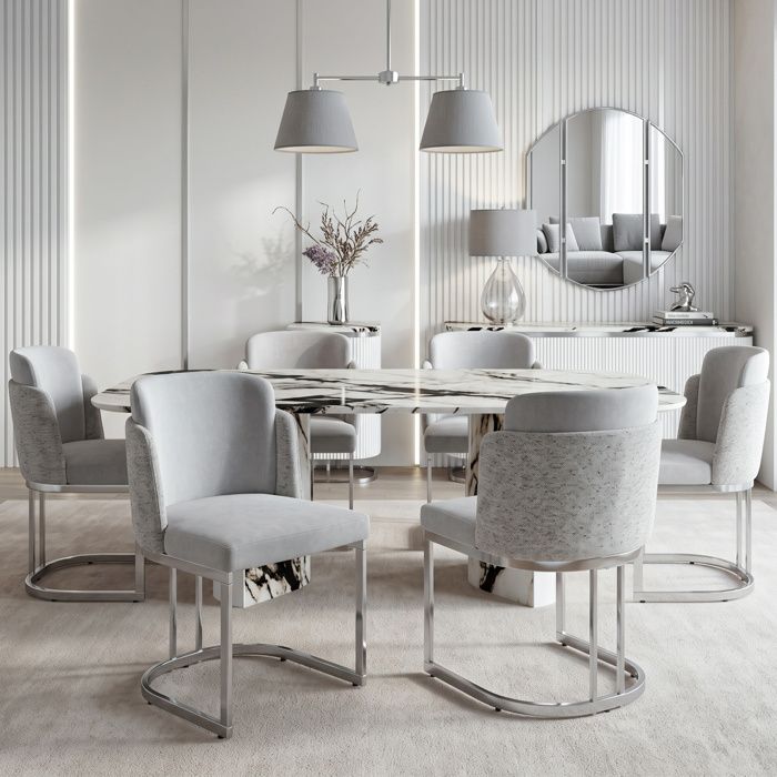 Lot de 6 chaises de salle à manger en chenille grise et métal argenté dossier double avec accoudoirs