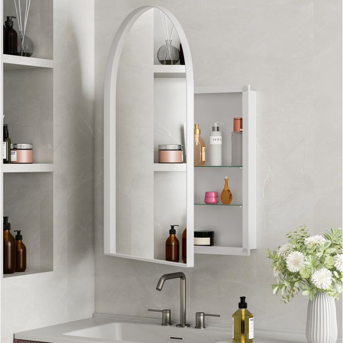 Armoire miroir salle de bain arquee avec rangement installation murale ou encastree metal verre trempe blanc ORVRYN