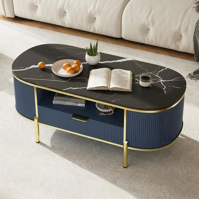 Table basse ovale marbre 2 niveaux – Tiroir + rangement pieds dorés – Salon ou bureau – Chêne naturel 122x56x48 cm-bleu