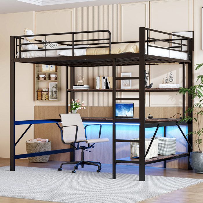 Design solide et sécurisé lit mezzanine surélevé avec bureau intégré avec éclairage led avec espaces de rangement en métal