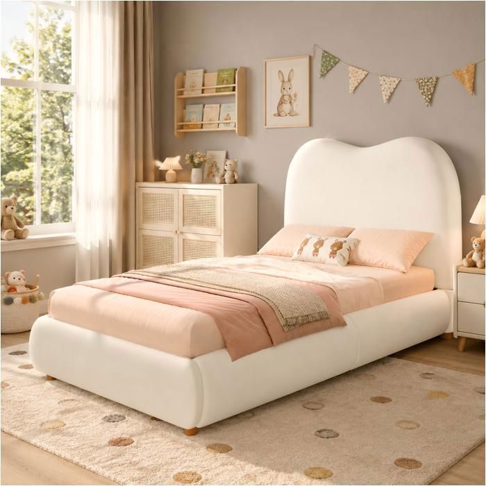 Lit enfant - PANTAURAS - Velours - 90x200 cm - Beige - Structure bois massif