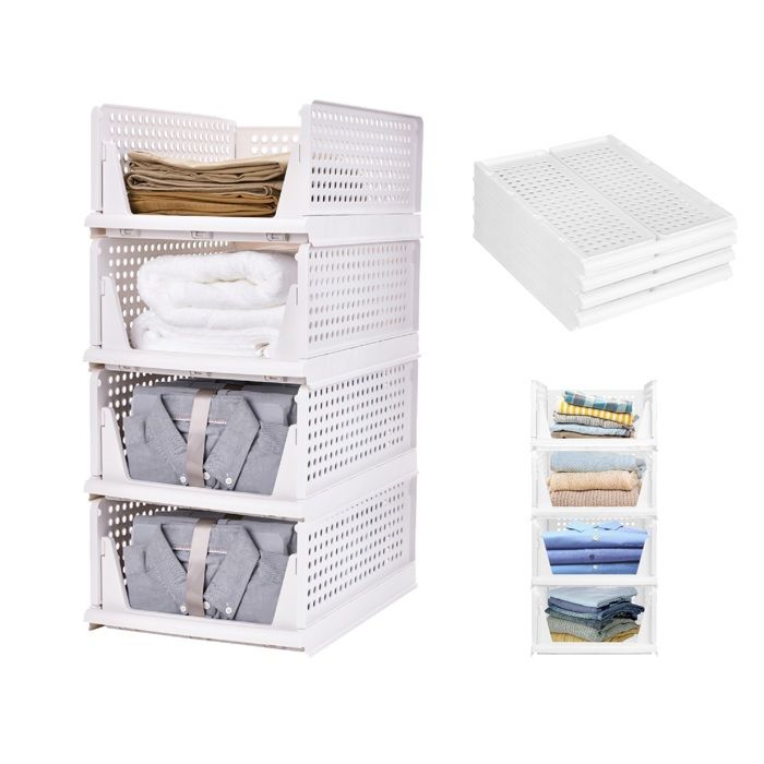 72cm Boîte de rangement pliable et empilable 4X Organisateurs tiroirs pour vêtements tiroirs casiers et penderie Étagère Blanc